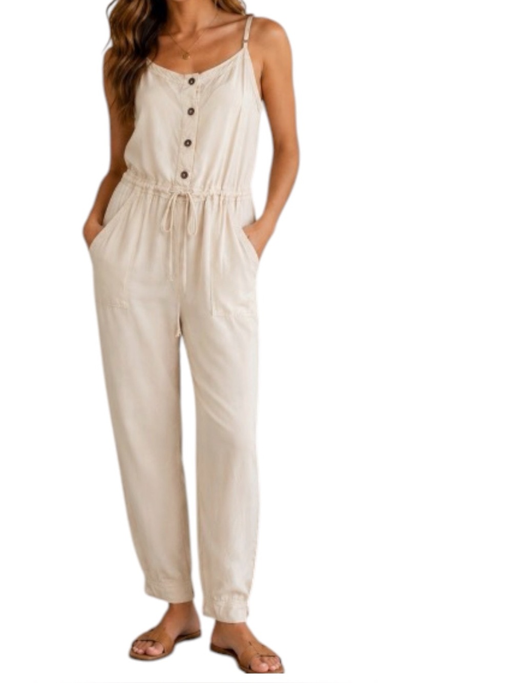 O’Neill Cream Adjustable Strap Wide Leg Jumpsuit Size L